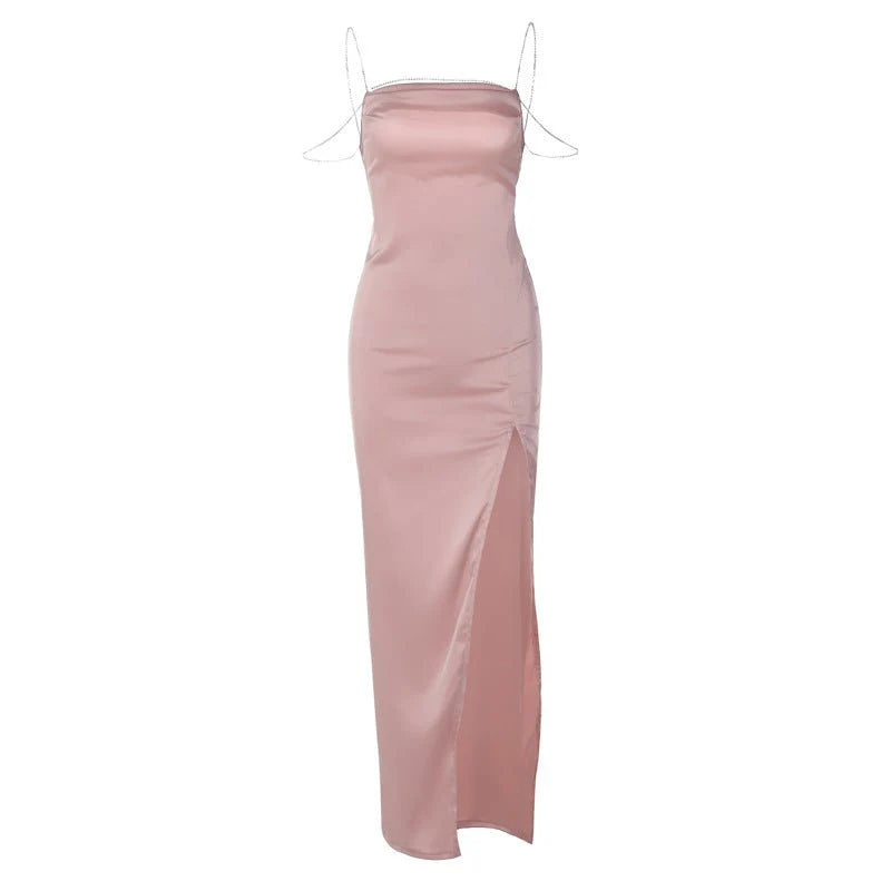 Fashionable And Sexy Slit-back Dress With Diamond-chain Straps