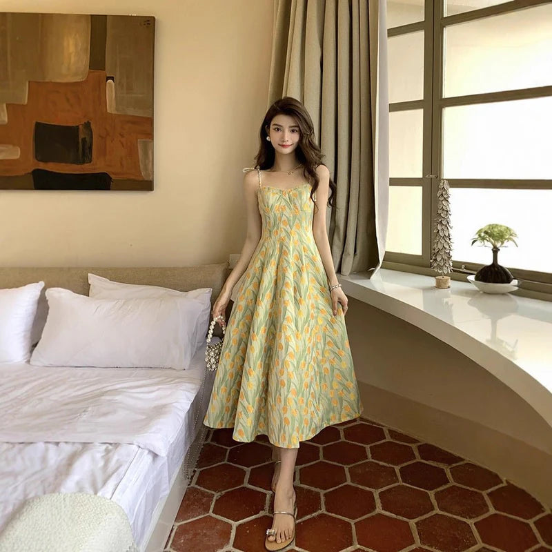 Fresh And Sweet Floral Splicing Travel Print Dress