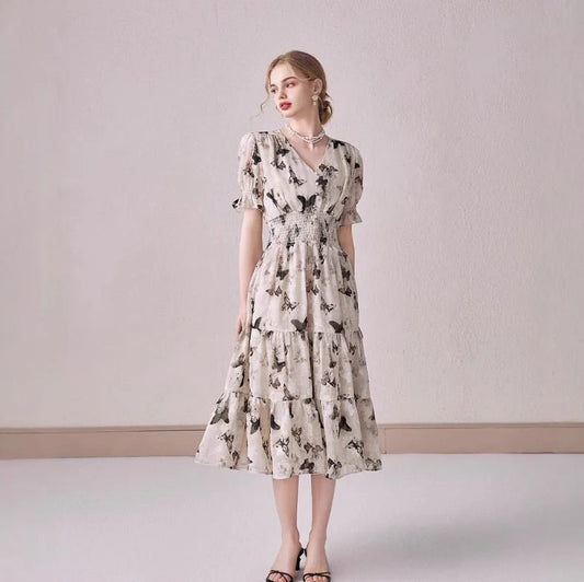 V-neck Puffed-sleeve Floral-print Midi Dress