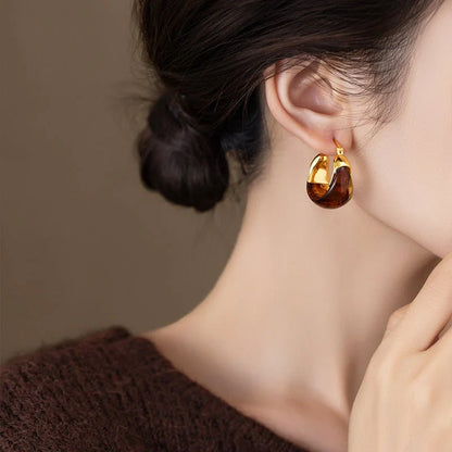 1 Pair Women's Amber Earrings French Style, High-End, Light Luxury & Vintage Ear Clips Niche, Elegant Maillard Ear Jewelry