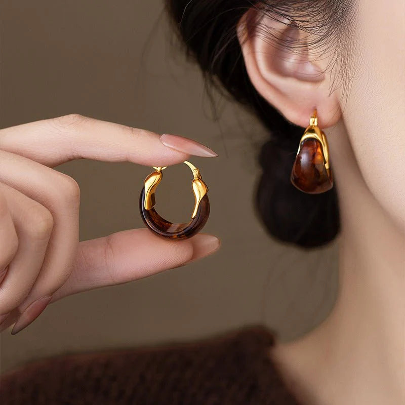 1 Pair Women's Amber Earrings French Style, High-End, Light Luxury & Vintage Ear Clips Niche, Elegant Maillard Ear Jewelry