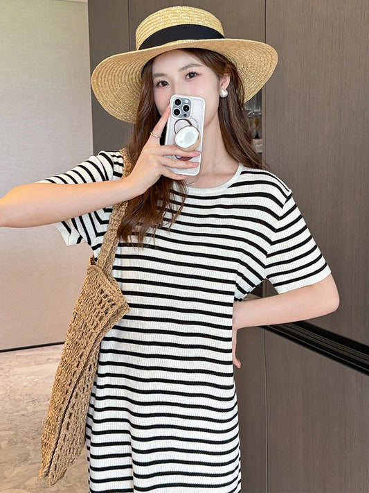 Crew-neck Short-sleeve Striped Dress For Petite Figures