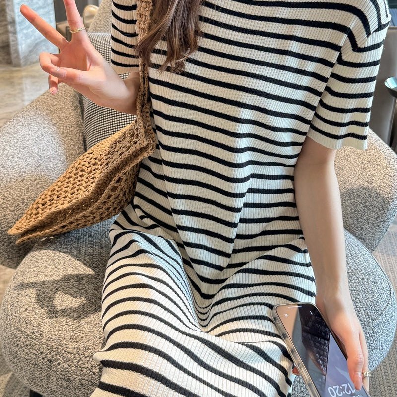 Crew-neck Short-sleeve Striped Dress For Petite Figures