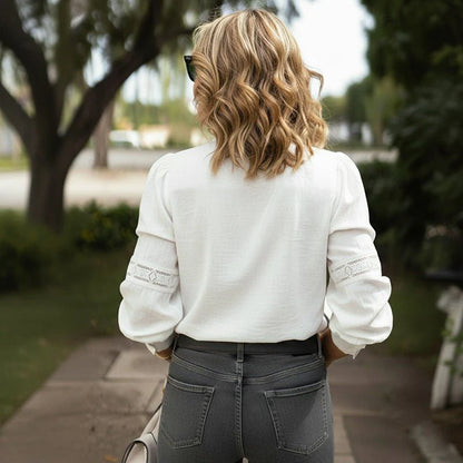 Elegant Lace-trimmed Stand Collar Hollow-out Long-sleeve White Shirt