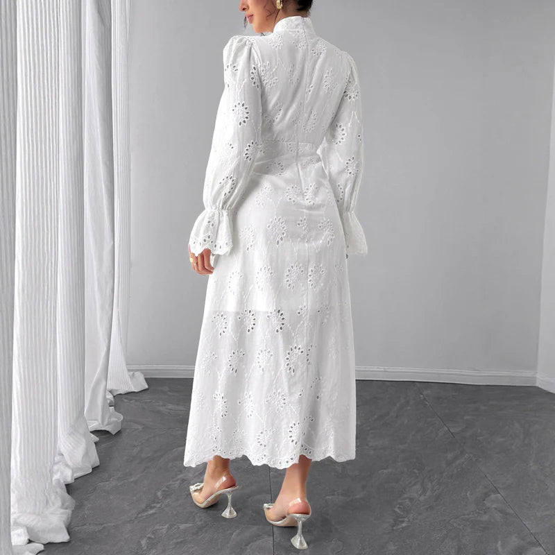 Elegant Vacation Long-Sleeve Hollow-Out Waist-Cinching Button Dress