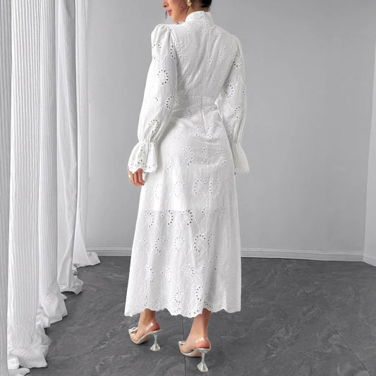 Elegant Vacation Long-Sleeve Hollow-Out Waist-Cinching Button Dress