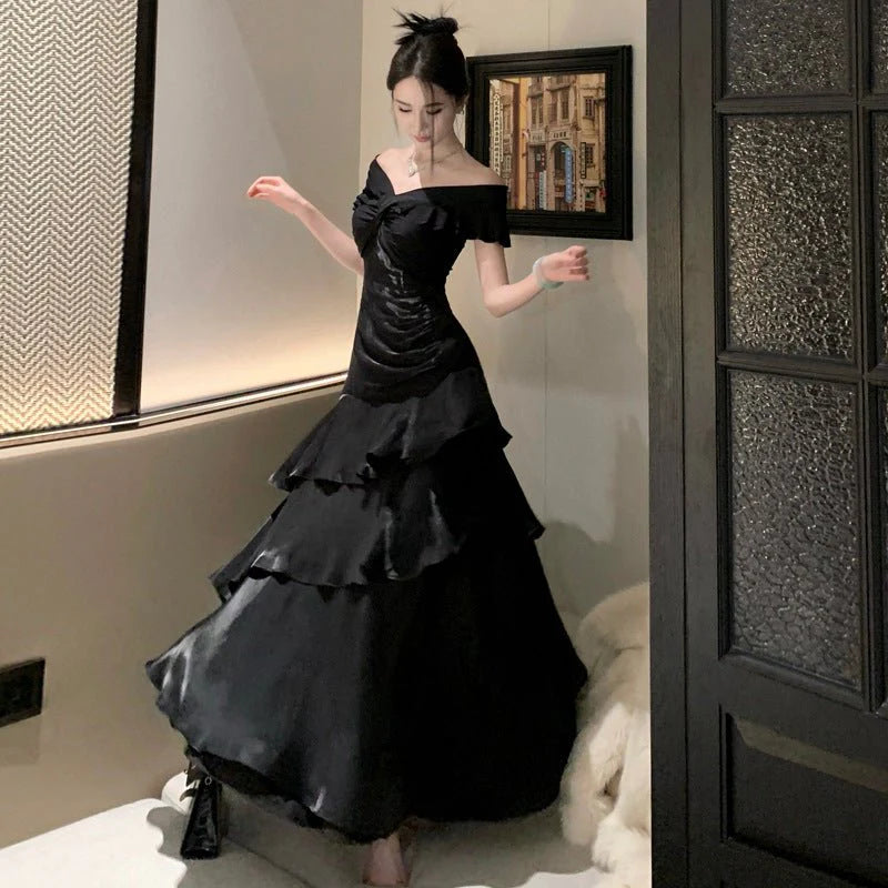 French-style Black Off-shoulder Luxury Dress
