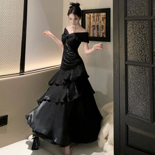 French-style Black Off-shoulder Luxury Dress