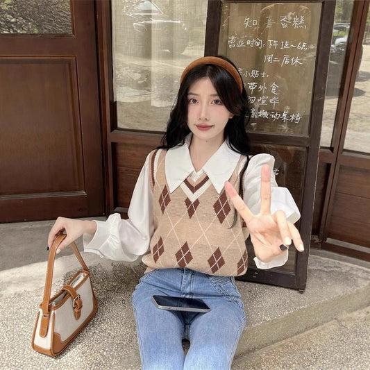 French-style Vintage White Polo-collar Long-sleeve Shirt