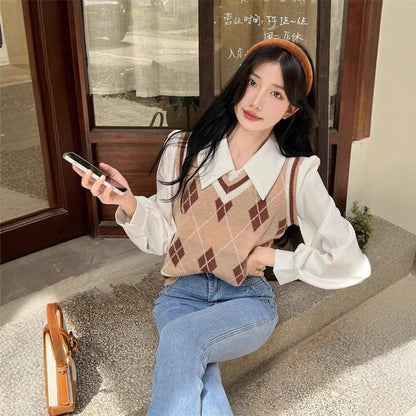 French-style Vintage White Polo-collar Long-sleeve Shirt