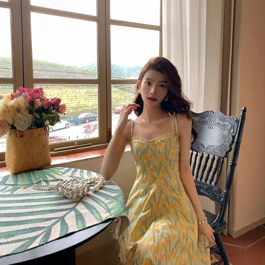 Fresh And Sweet Floral Splicing Travel Print Dress
