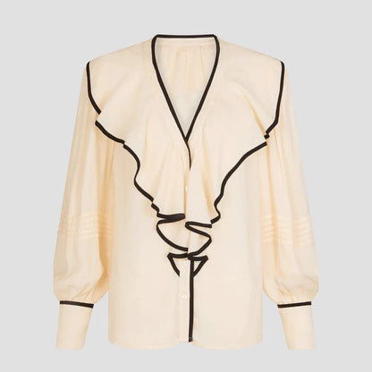 New Women's V-neck Retro Loose-fit Contrast-color Pleated Blouse