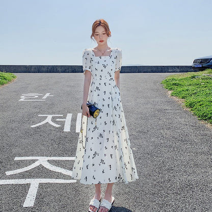 Pastoral-style White Floral-print Dress For Women Summer Season
