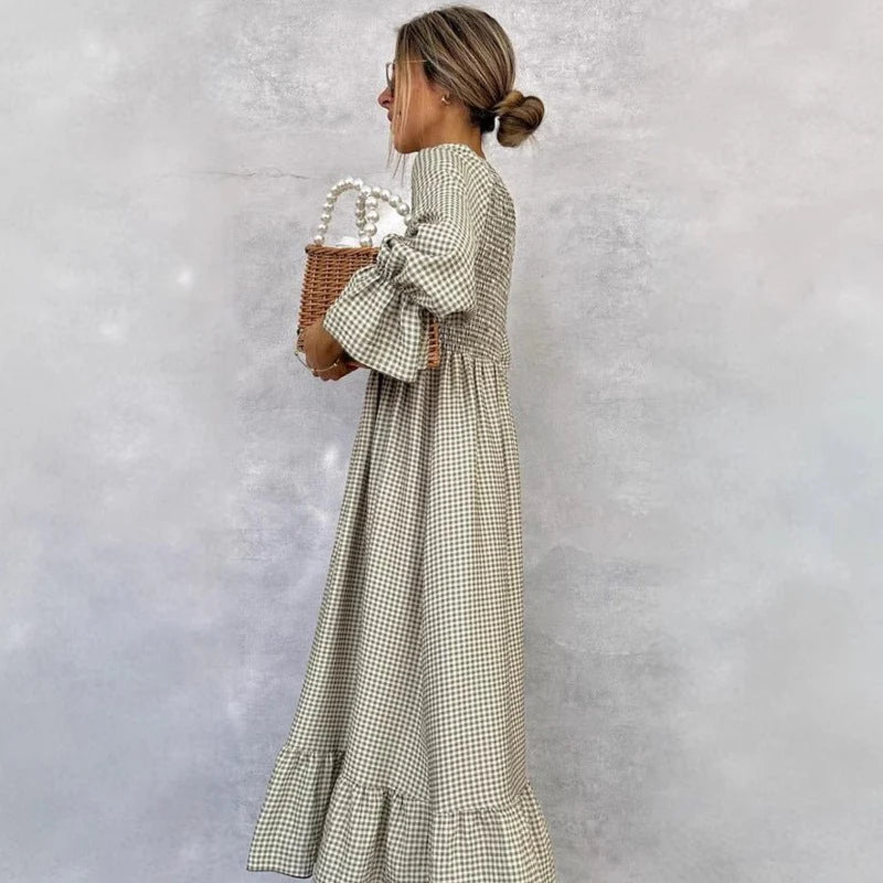 Puff-sleeve Plaid Dress New European And American Style Women's Wear