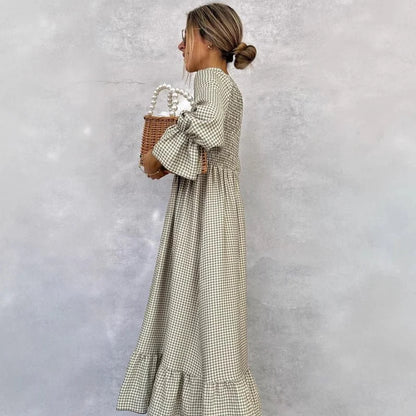 Puff-sleeve Plaid Dress New European And American Style Women's Wear