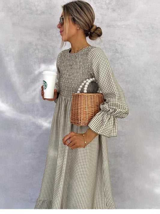 Puff-sleeve Plaid Dress New European And American Style Women's Wear