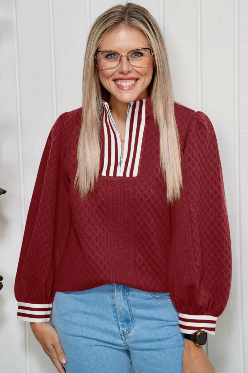 Racing Red Diamond-Texture Striped Patchwork Zip-Neck Pullover Sweater