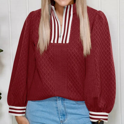 Racing Red Diamond-Texture Striped Patchwork Zip-Neck Pullover Sweater