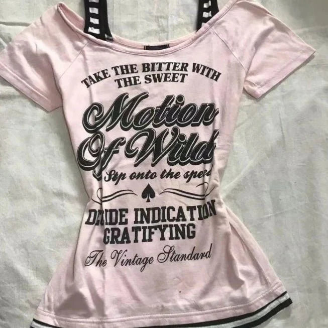Retro Patchwork Striped Shoulder Strap T-Shirt With Letter Print Slim-Fit Short-Sleeve For Trendy
