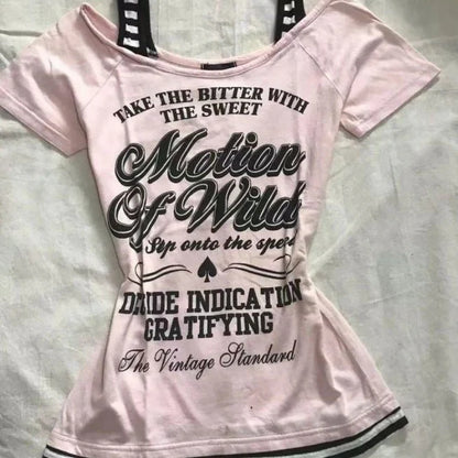 Retro Patchwork Striped Shoulder Strap T-Shirt With Letter Print Slim-Fit Short-Sleeve For Trendy