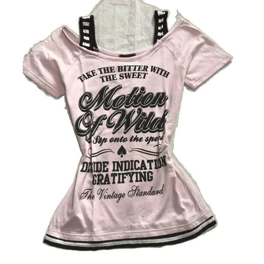 Retro Patchwork Striped Shoulder Strap T-Shirt With Letter Print Slim-Fit Short-Sleeve For Trendy