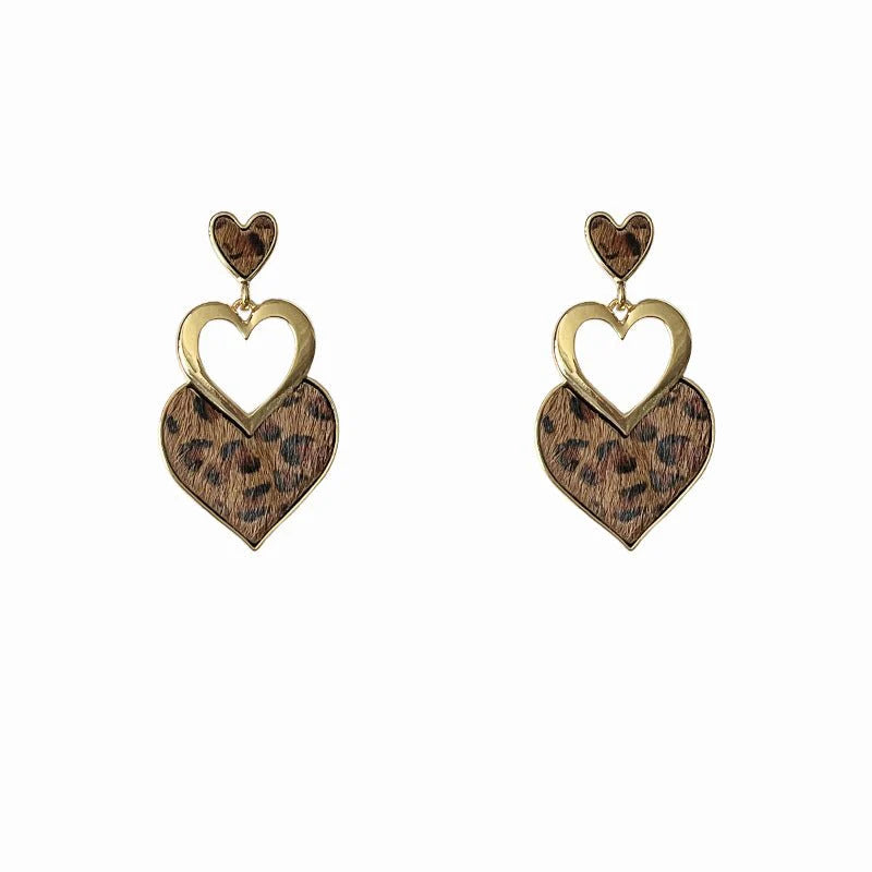 Silver Needle Heart-Shaped Leopard-Print Pendant Earrings