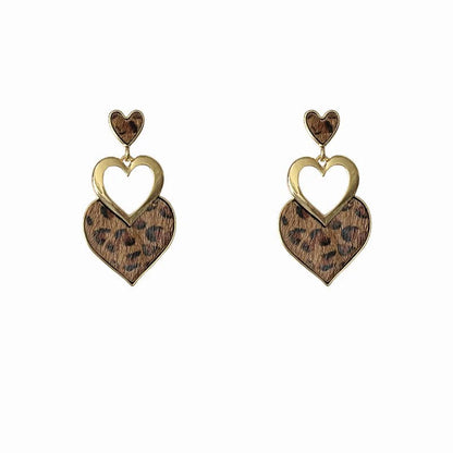 Silver Needle Heart-Shaped Leopard-Print Pendant Earrings