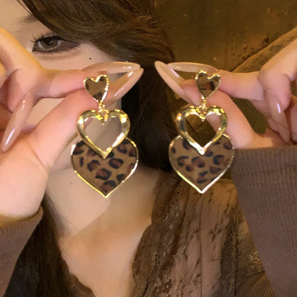 Silver Needle Heart-Shaped Leopard-Print Pendant Earrings