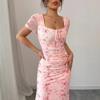 Strap-printed Long Figure-hugging Hip-hugging Dress