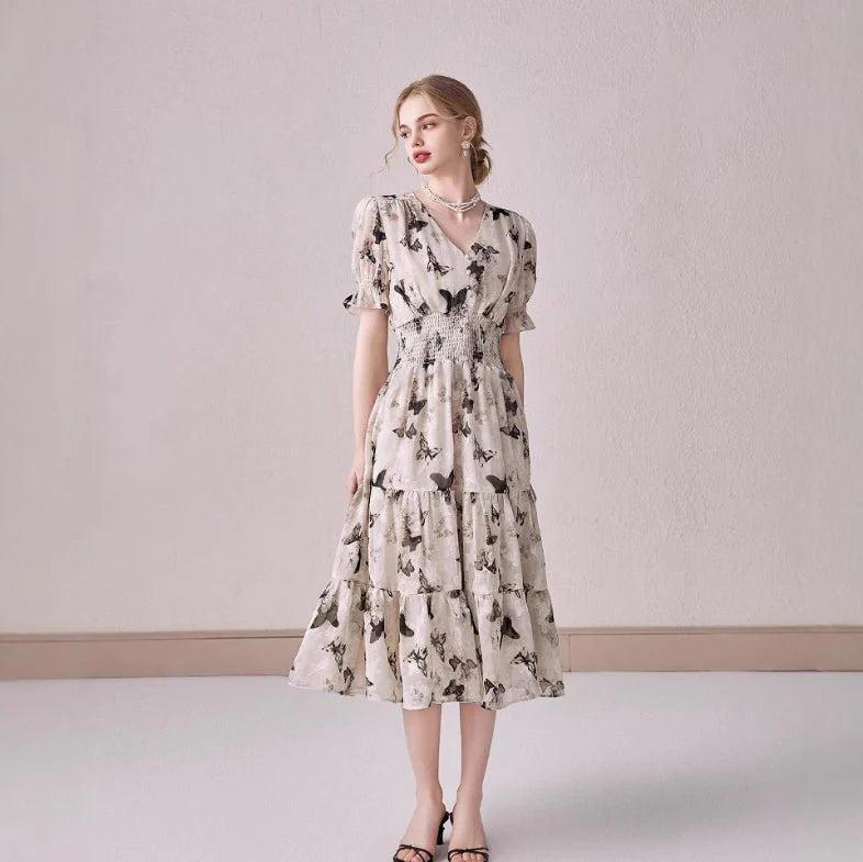 V-neck Puffed-sleeve Floral-print Midi Dress