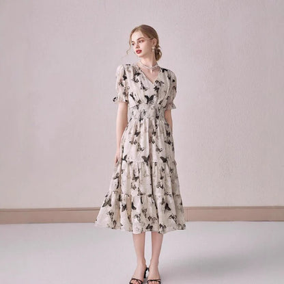 V-neck Puffed-sleeve Floral-print Midi Dress
