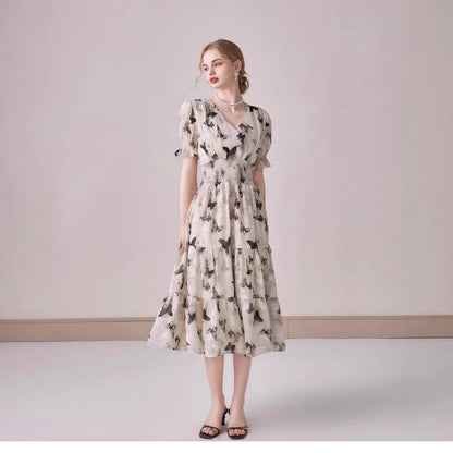 V-neck Puffed-sleeve Floral-print Midi Dress