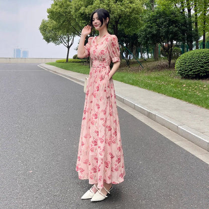 Women's Printed Midi French-Style Split Dress