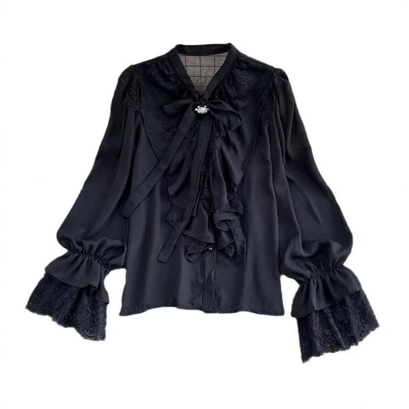 Womens Retro Elegant Loose-Fit Lace-Patch Flare-Sleeve Shirt
