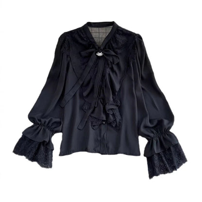 Womens Retro Elegant Loose-Fit Lace-Patch Flare-Sleeve Shirt