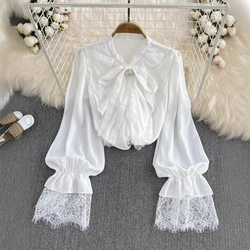 Womens Retro Elegant Loose-Fit Lace-Patch Flare-Sleeve Shirt