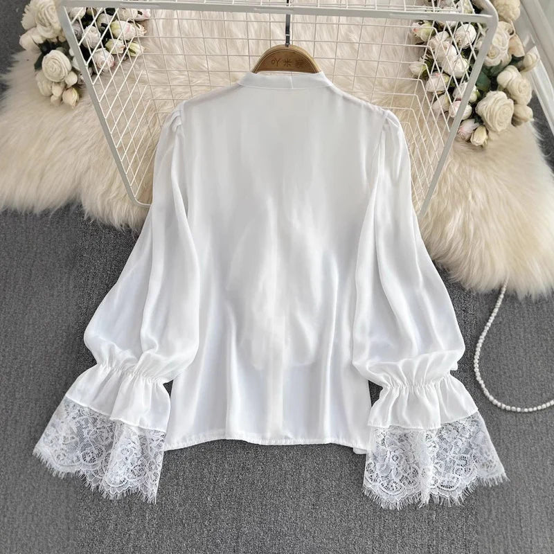 Womens Retro Elegant Loose-Fit Lace-Patch Flare-Sleeve Shirt