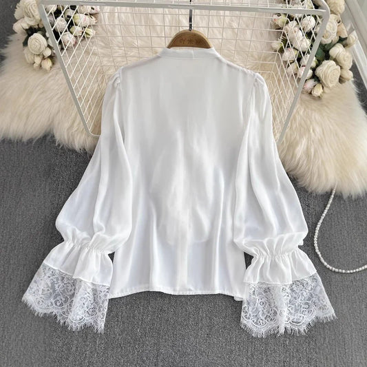 Womens Retro Elegant Loose-Fit Lace-Patch Flare-Sleeve Shirt