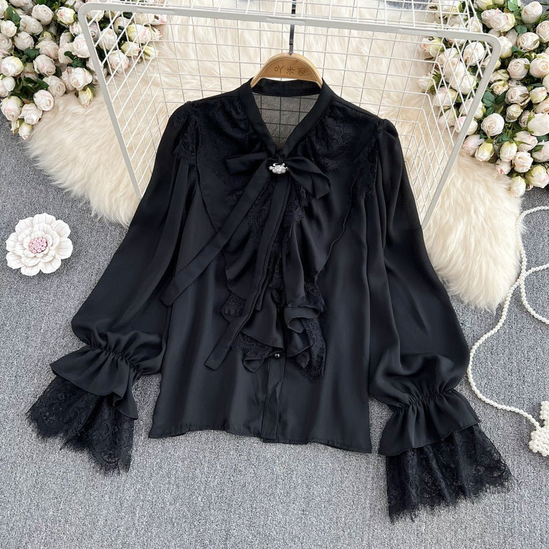 Womens Retro Elegant Loose-Fit Lace-Patch Flare-Sleeve Shirt