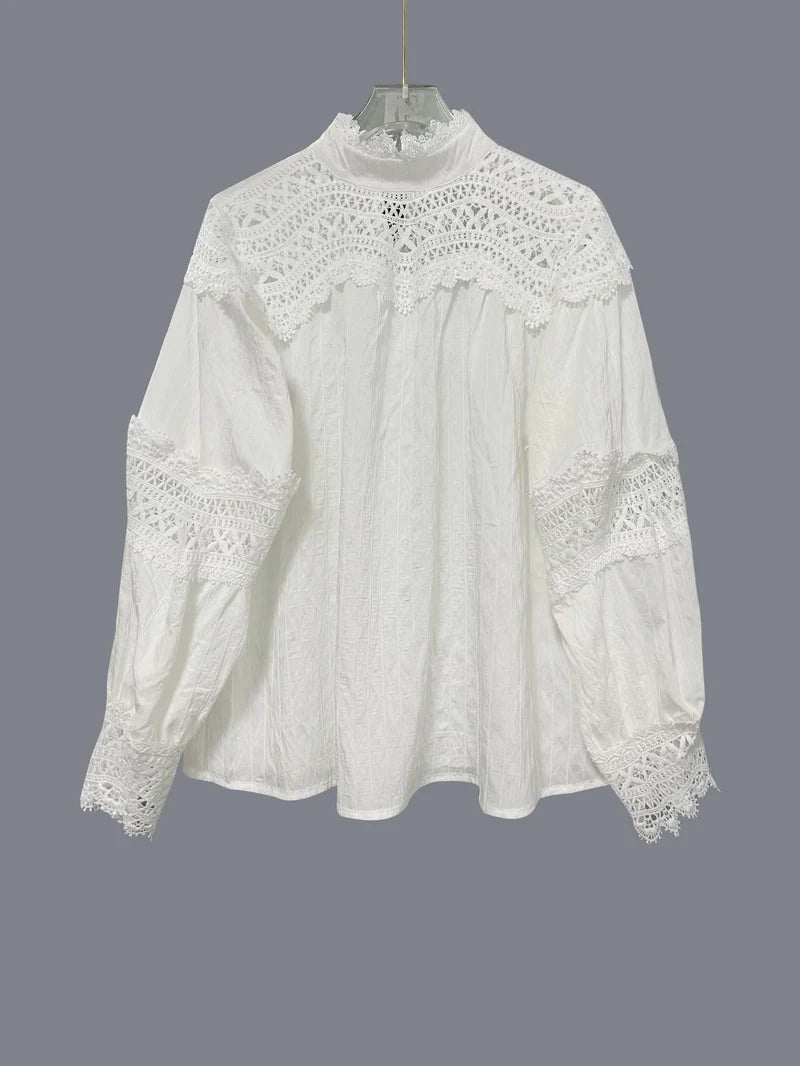 Womens Solid-Color Crochet Hollowed-Out Flare-Sleeve Shirt