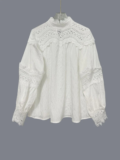 Womens Solid-Color Crochet Hollowed-Out Flare-Sleeve Shirt