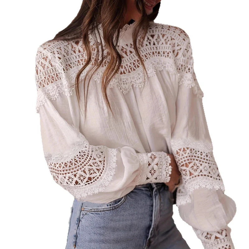 Womens Solid-Color Crochet Hollowed-Out Flare-Sleeve Shirt