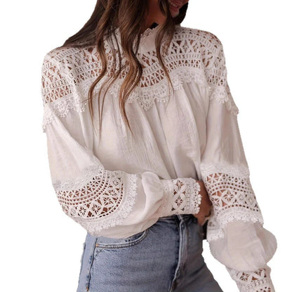 Womens Solid-Color Crochet Hollowed-Out Flare-Sleeve Shirt