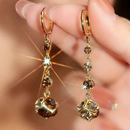 Womens Versatile Coffee-Colored Crystal Ball Zircon Tassel Earrings