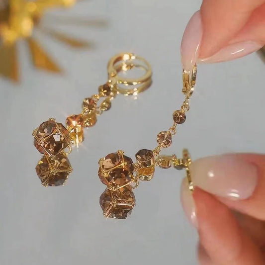 Womens Versatile Coffee-Colored Crystal Ball Zircon Tassel Earrings