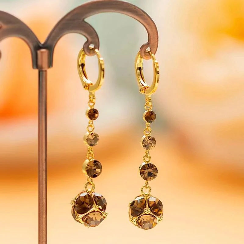 Womens Versatile Coffee-Colored Crystal Ball Zircon Tassel Earrings