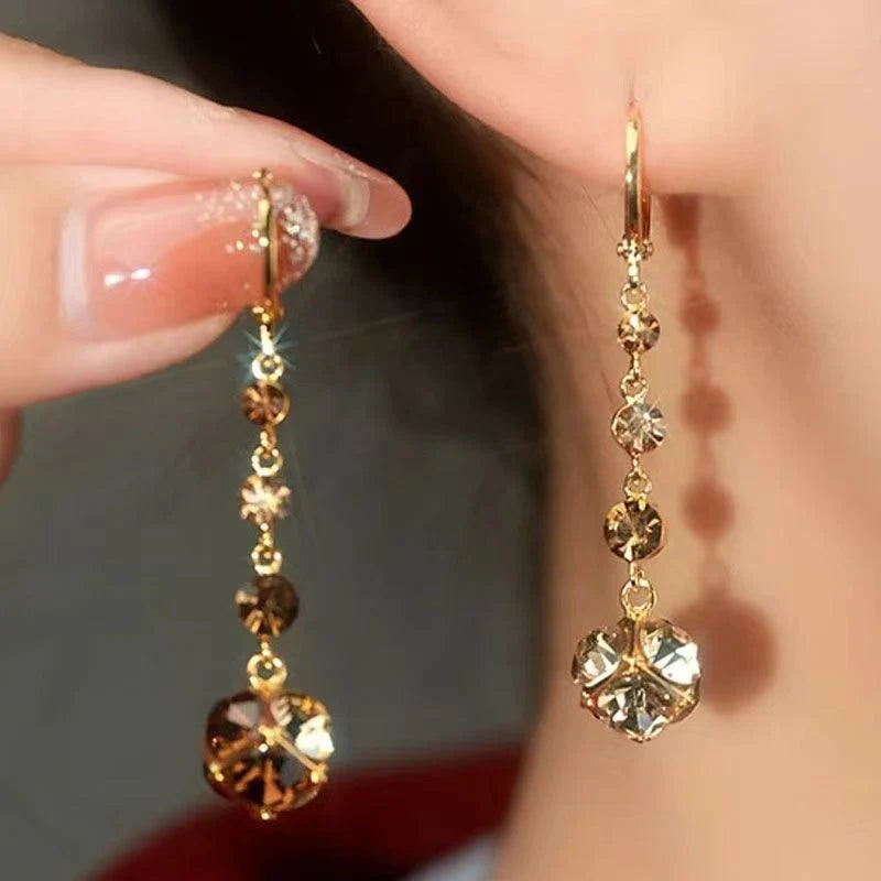 Womens Versatile Coffee-Colored Crystal Ball Zircon Tassel Earrings
